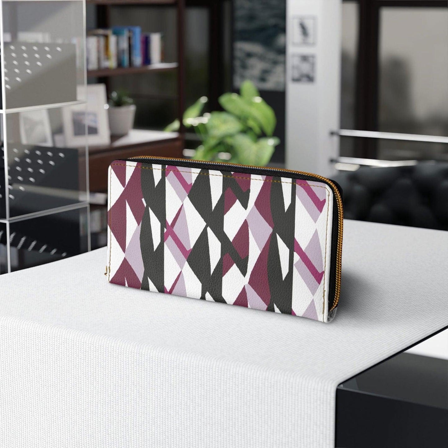 Mauve Pink and Black Geometric Pattern Womens Zipper Wallet Clutch - Clothes For Her Online Store