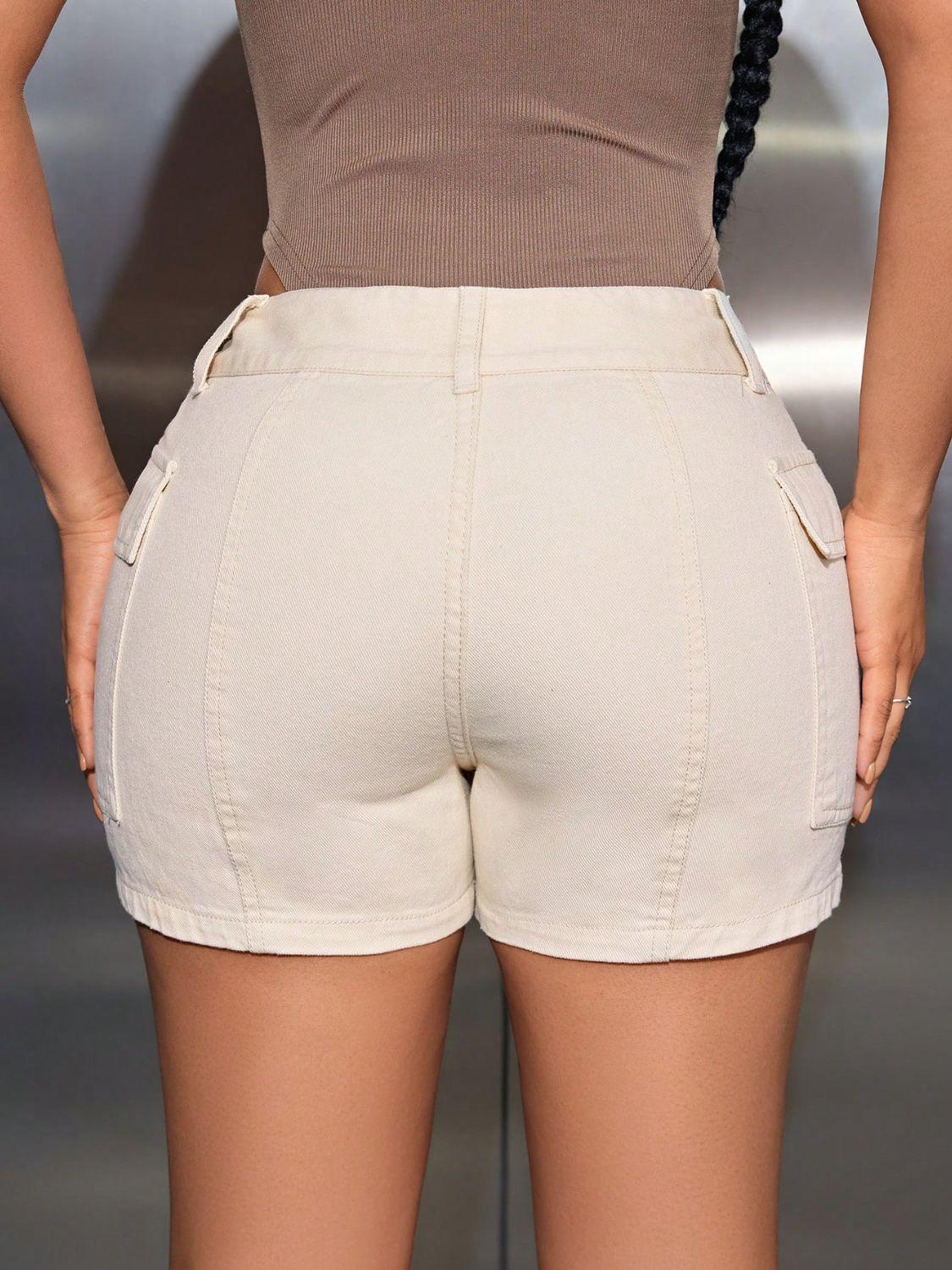 Mid-Rise Waist Denim Shorts with Pockets - Clothes For Her Online Store