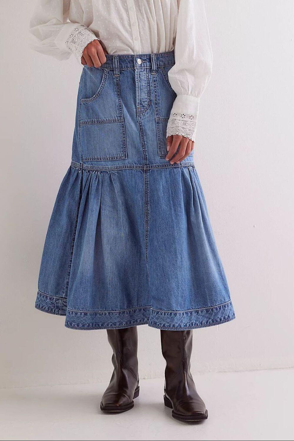 Midi Denim Skirt with Pockets - Clothes For Her Online Store