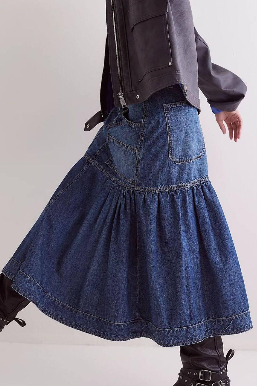 Midi Denim Skirt with Pockets - Clothes For Her Online Store