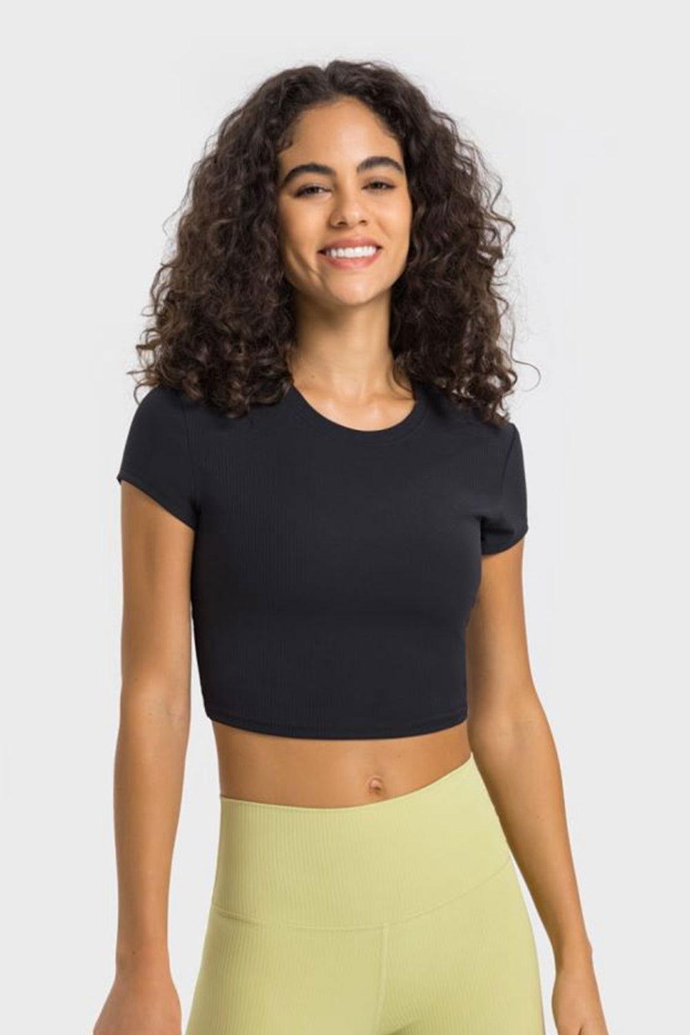 Millennia Round Neck Short Sleeve Cropped Sports T-Shirt - Clothes For Her Online Store