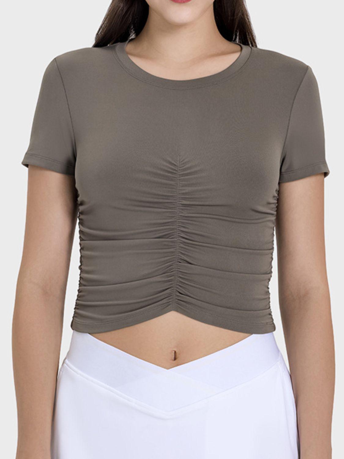 Millennia Ruched Round Neck Short Sleeve Active T-Shirt - Clothes For Her Online Store
