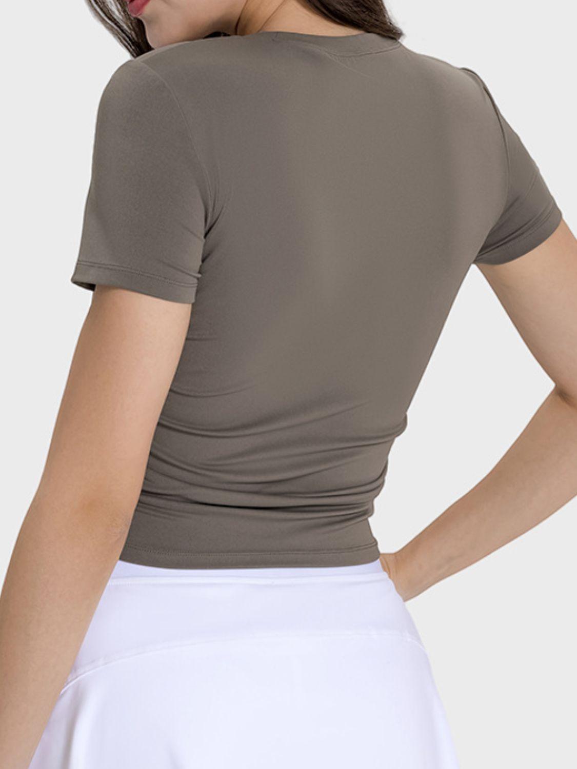 Millennia Ruched Round Neck Short Sleeve Active T-Shirt - Clothes For Her Online Store
