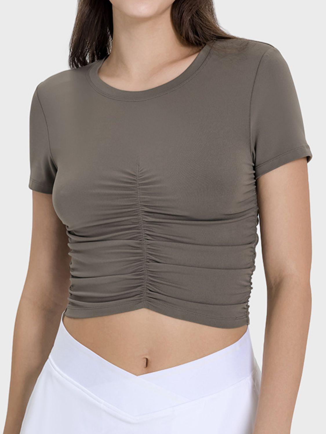 Millennia Ruched Round Neck Short Sleeve Active T-Shirt - Clothes For Her Online Store