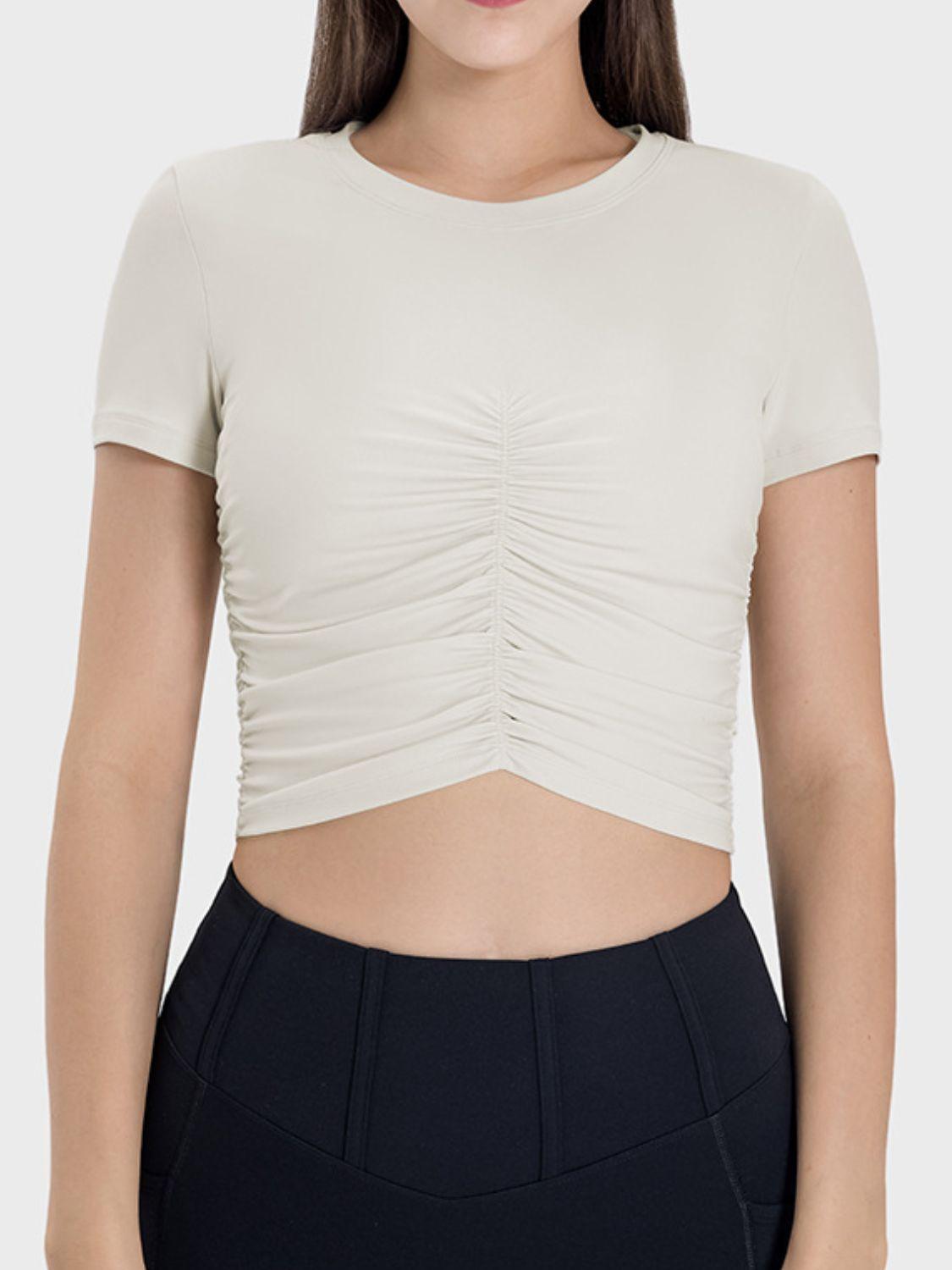 Millennia Ruched Round Neck Short Sleeve Active T-Shirt - Clothes For Her Online Store