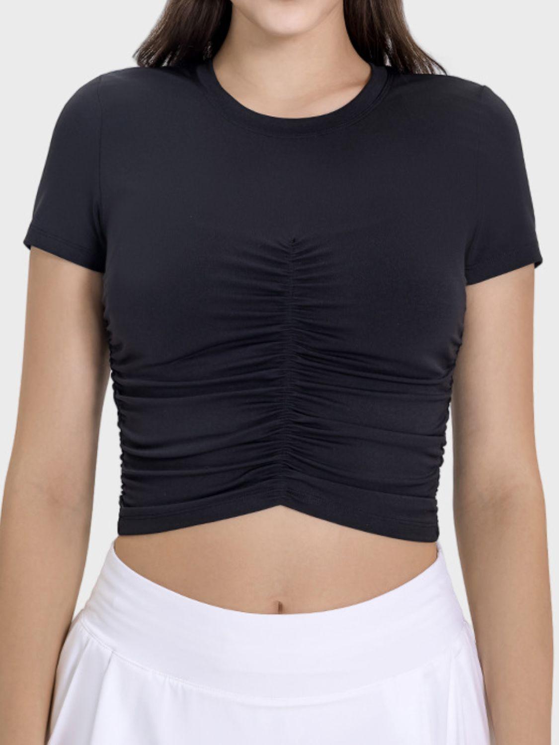 Millennia Ruched Round Neck Short Sleeve Active T-Shirt - Clothes For Her Online Store