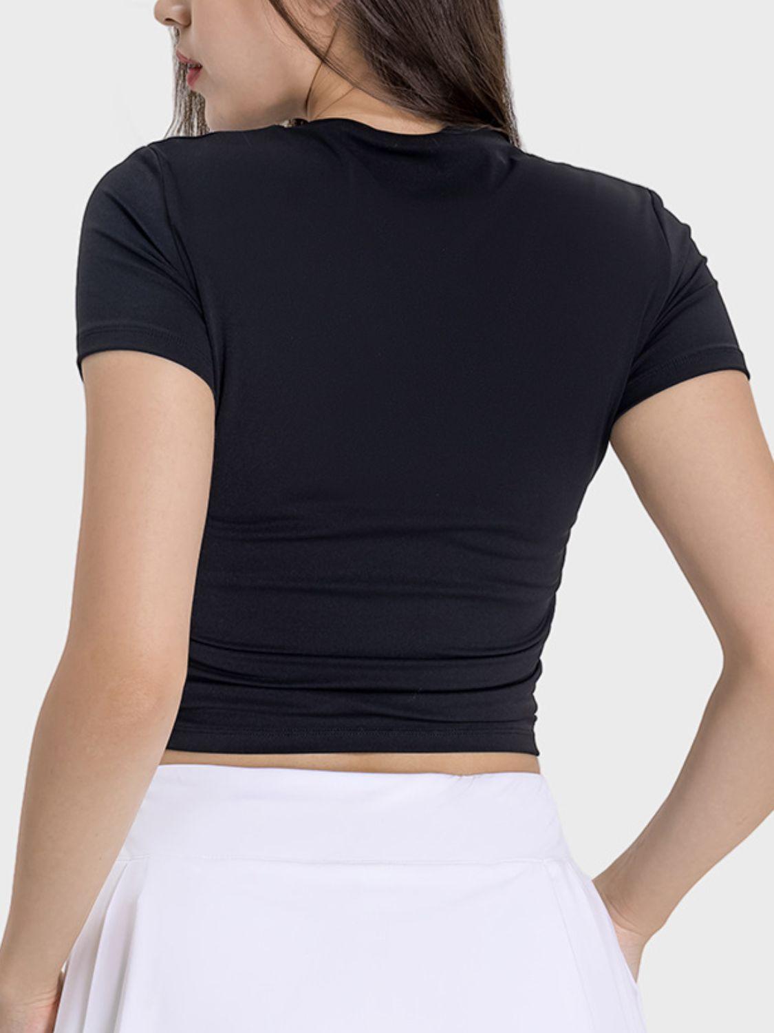 Millennia Ruched Round Neck Short Sleeve Active T-Shirt - Clothes For Her Online Store