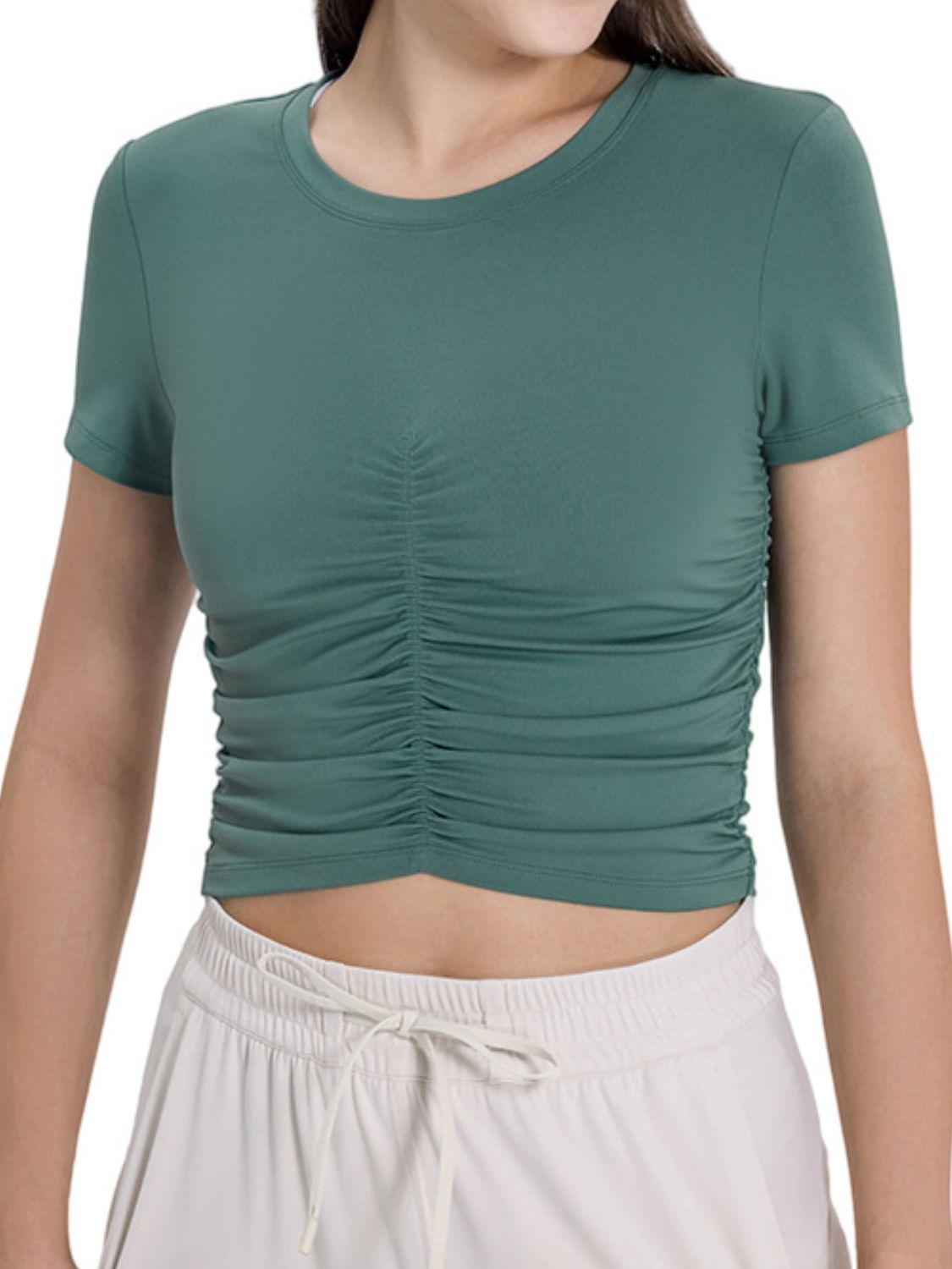 Millennia Ruched Round Neck Short Sleeve Active T-Shirt - Clothes For Her Online Store