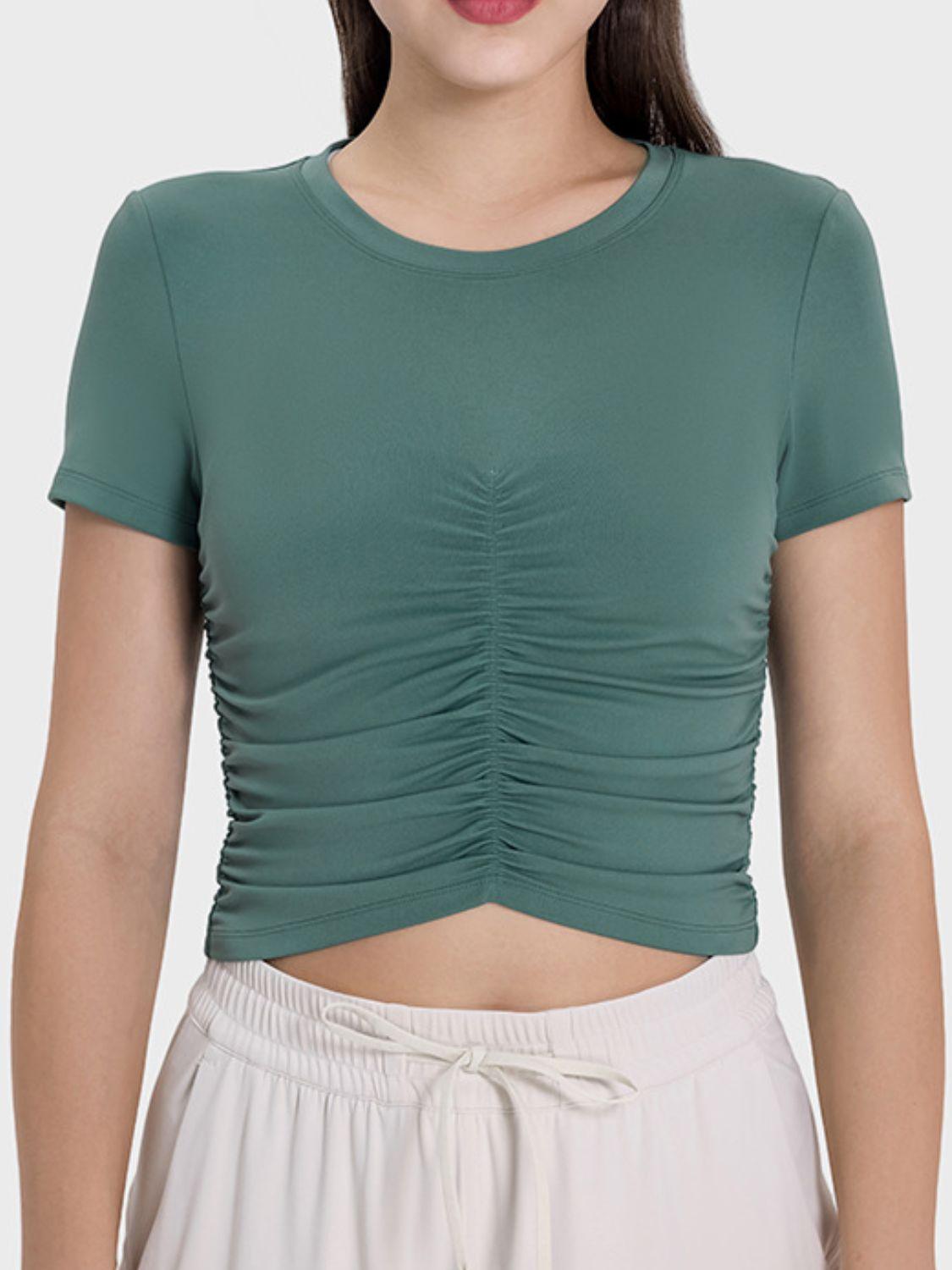 Millennia Ruched Round Neck Short Sleeve Active T-Shirt - Clothes For Her Online Store
