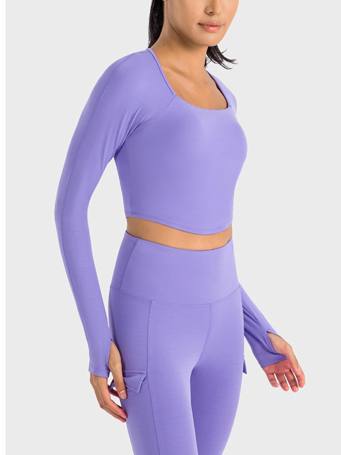 Millennia Square Neck Long Sleeve Cropped Sports Top - Clothes For Her Online Store