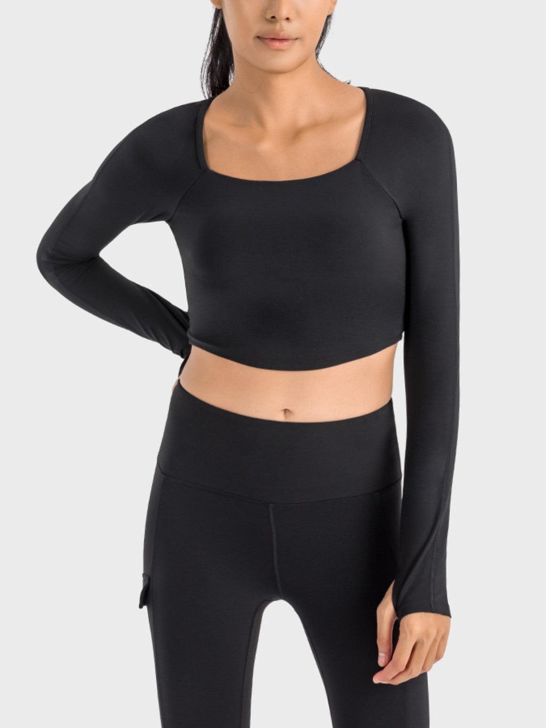 Millennia Square Neck Long Sleeve Cropped Sports Top - Clothes For Her Online Store