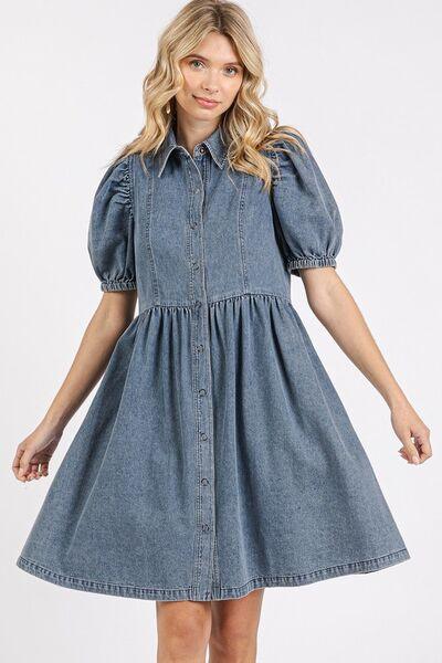 Mittoshop Button Down Puff Sleeve Denim Dress - Clothes For Her Online Store