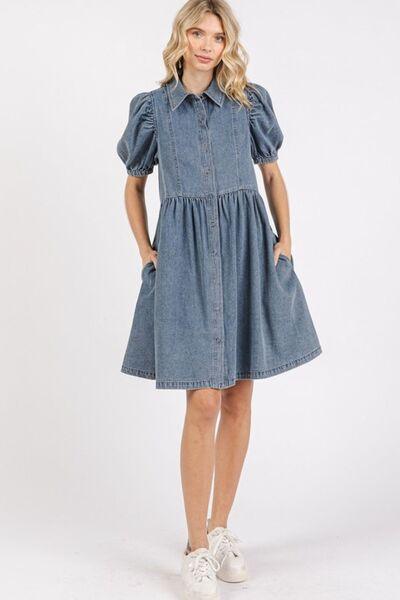 Mittoshop Button Down Puff Sleeve Denim Dress - Clothes For Her Online Store