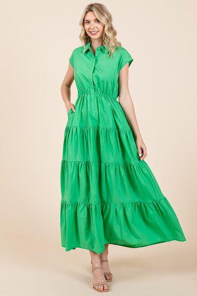 Mittoshop Button Up Collared Tiered Maxi Shirt Dress - Clothes For Her Online Store