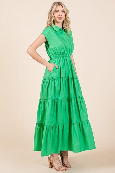 Mittoshop Button Up Collared Tiered Maxi Shirt Dress - Clothes For Her Online Store