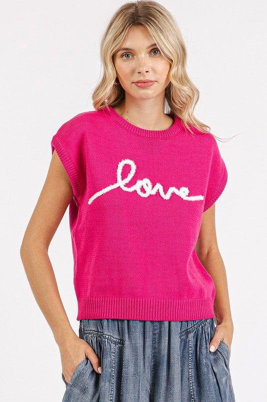 Mittoshop Contrast Letter Round Neck Cap Sleeve Knit Top - Clothes For Her Online Store