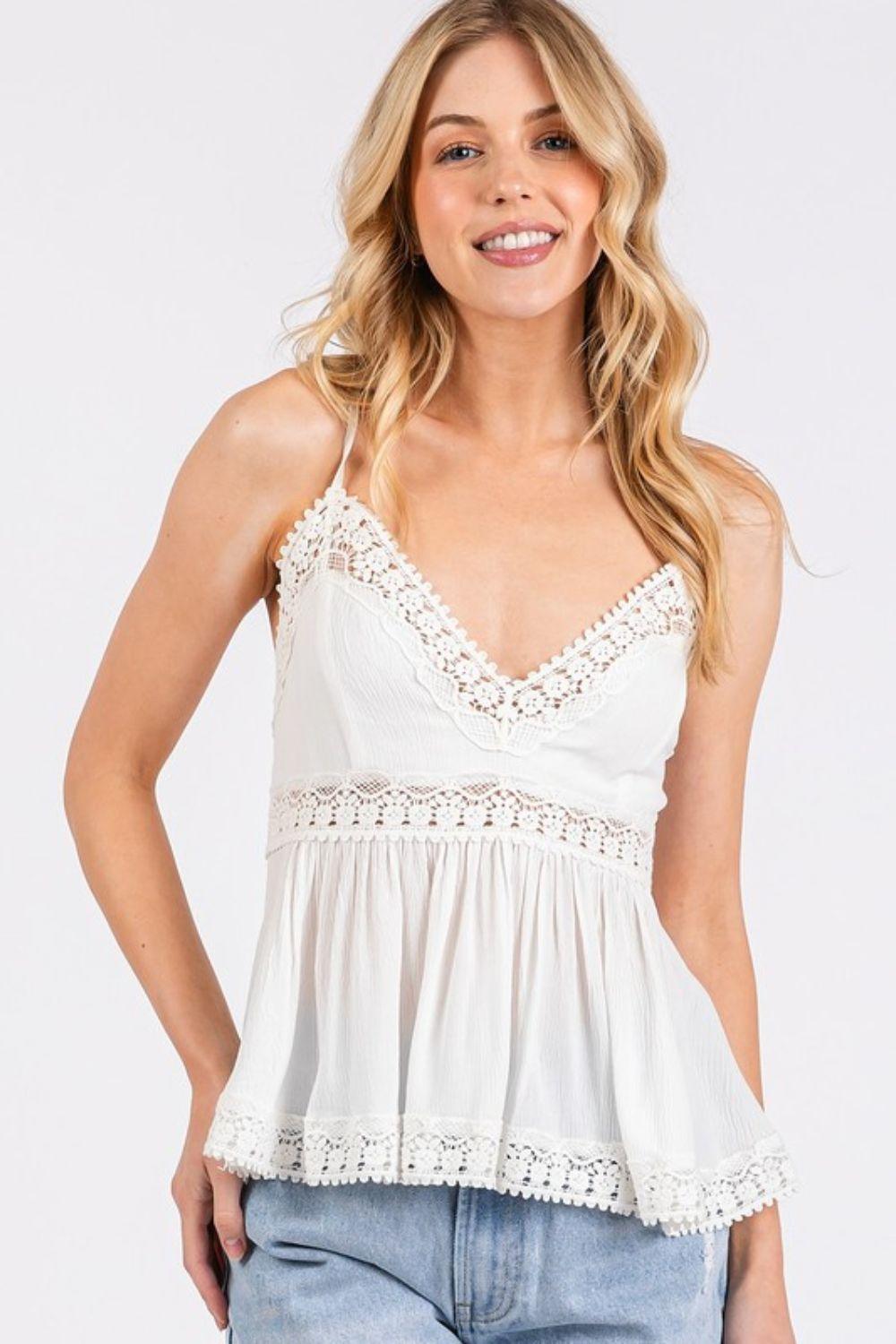 Mittoshop Crisscross Back Lace Detail V-Neck Cami - Clothes For Her Online Store