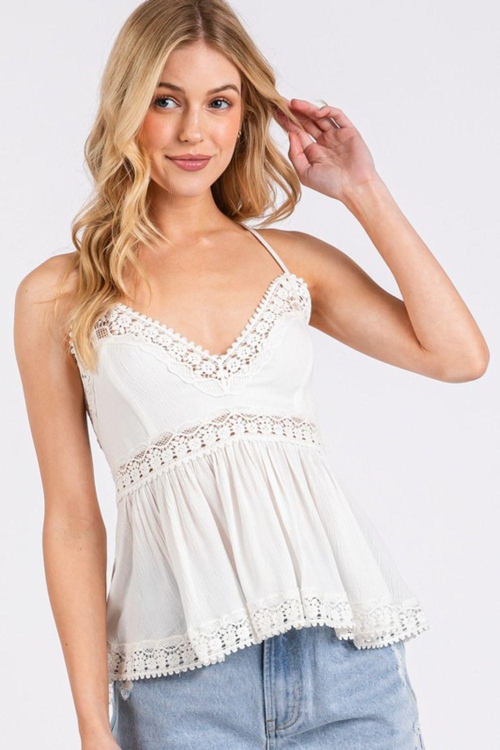 Mittoshop Crisscross Back Lace Detail V-Neck Cami - Clothes For Her Online Store