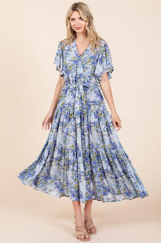 Mittoshop Floral Tie Waist Flutter Sleeve Tiered Dress - Clothes For Her Online Store