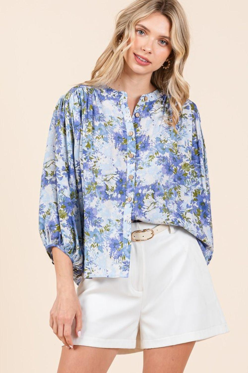 Mittoshop Flower Print Batwing Sleeve Button Down Blouse - Clothes For Her Online Store