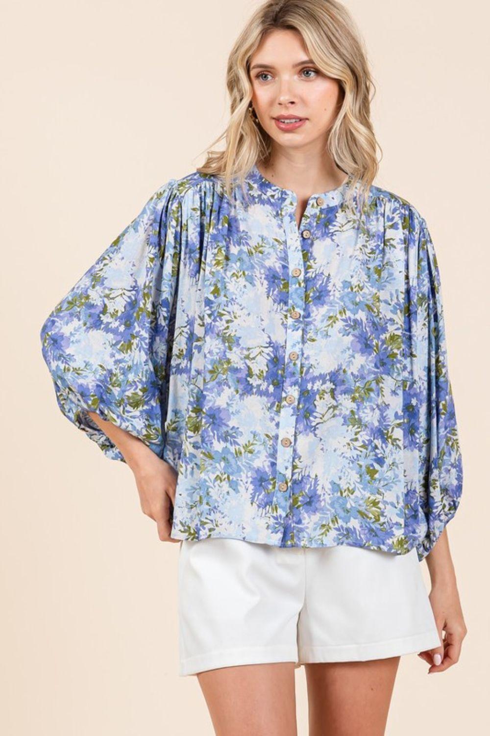 Mittoshop Flower Print Batwing Sleeve Button Down Blouse - Clothes For Her Online Store