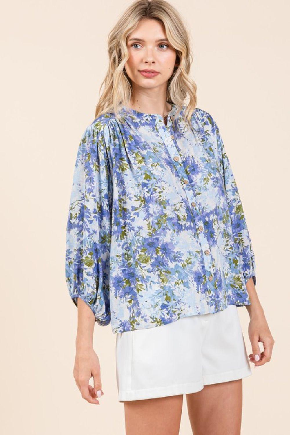 Mittoshop Flower Print Batwing Sleeve Button Down Blouse - Clothes For Her Online Store