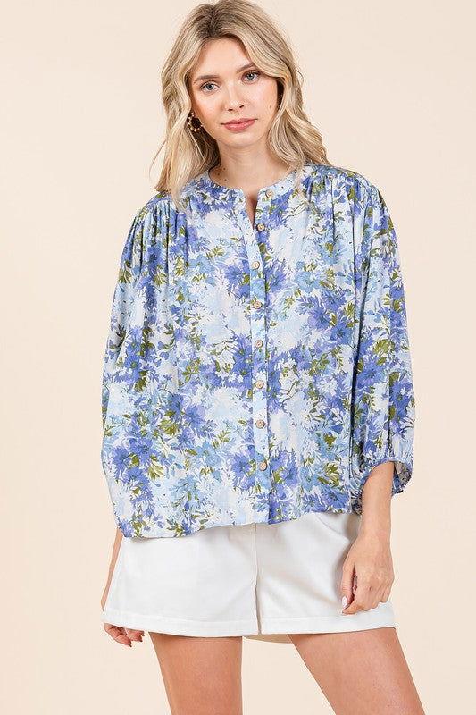 Mittoshop Flower Print Batwing Sleeve Button Down Blouse - Clothes For Her Online Store