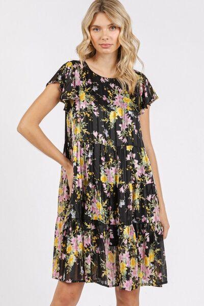 Mittoshop Flower Print Round Neck Flutter Sleeve Tiered Dress - Clothes For Her Online Store