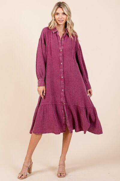 Mittoshop Mineral Wash Cotton Gauze Ruffle Midi Shirt Dress - Clothes For Her Online Store