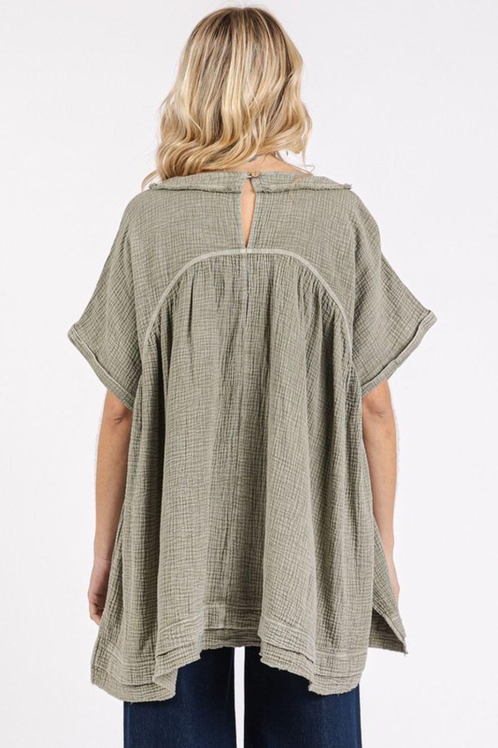 Mittoshop Mineral Wash Gauze Babydoll V-Neck Oversized Blouse - Clothes For Her Online Store
