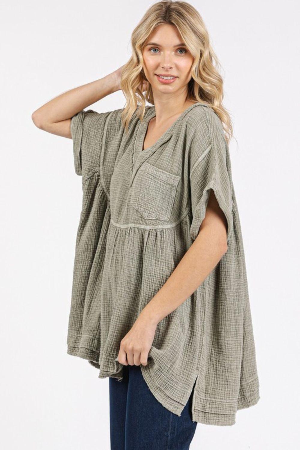 Mittoshop Mineral Wash Gauze Babydoll V-Neck Oversized Blouse - Clothes For Her Online Store
