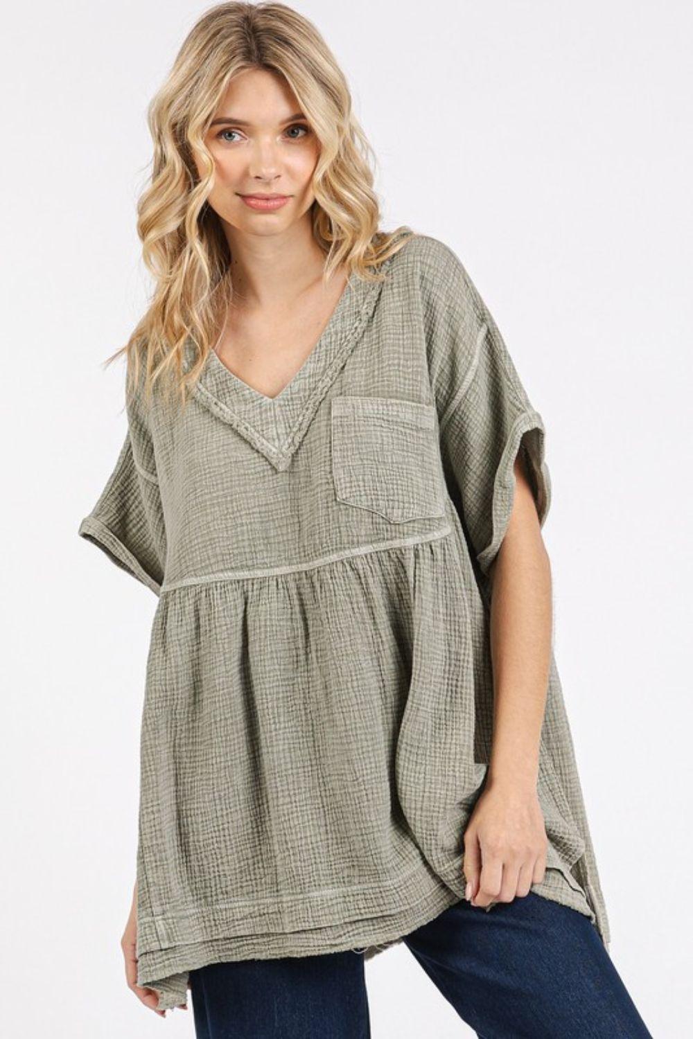 Mittoshop Mineral Wash Gauze Babydoll V-Neck Oversized Blouse - Clothes For Her Online Store