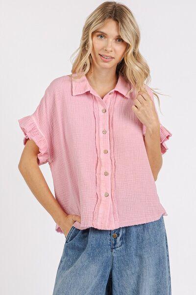 Mittoshop Mineral Washed Button Down Flounce Sleeve Shirt - Clothes For Her Online Store
