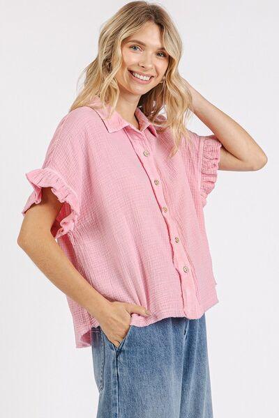 Mittoshop Mineral Washed Button Down Flounce Sleeve Shirt - Clothes For Her Online Store