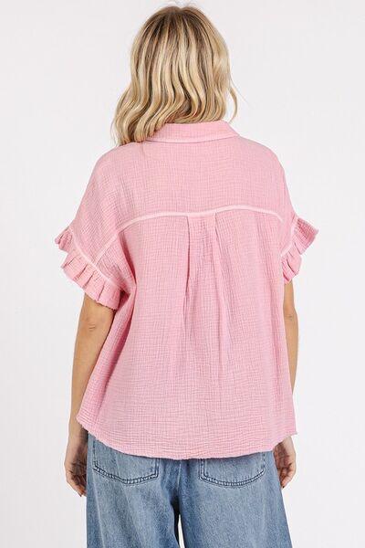 Mittoshop Mineral Washed Button Down Flounce Sleeve Shirt - Clothes For Her Online Store