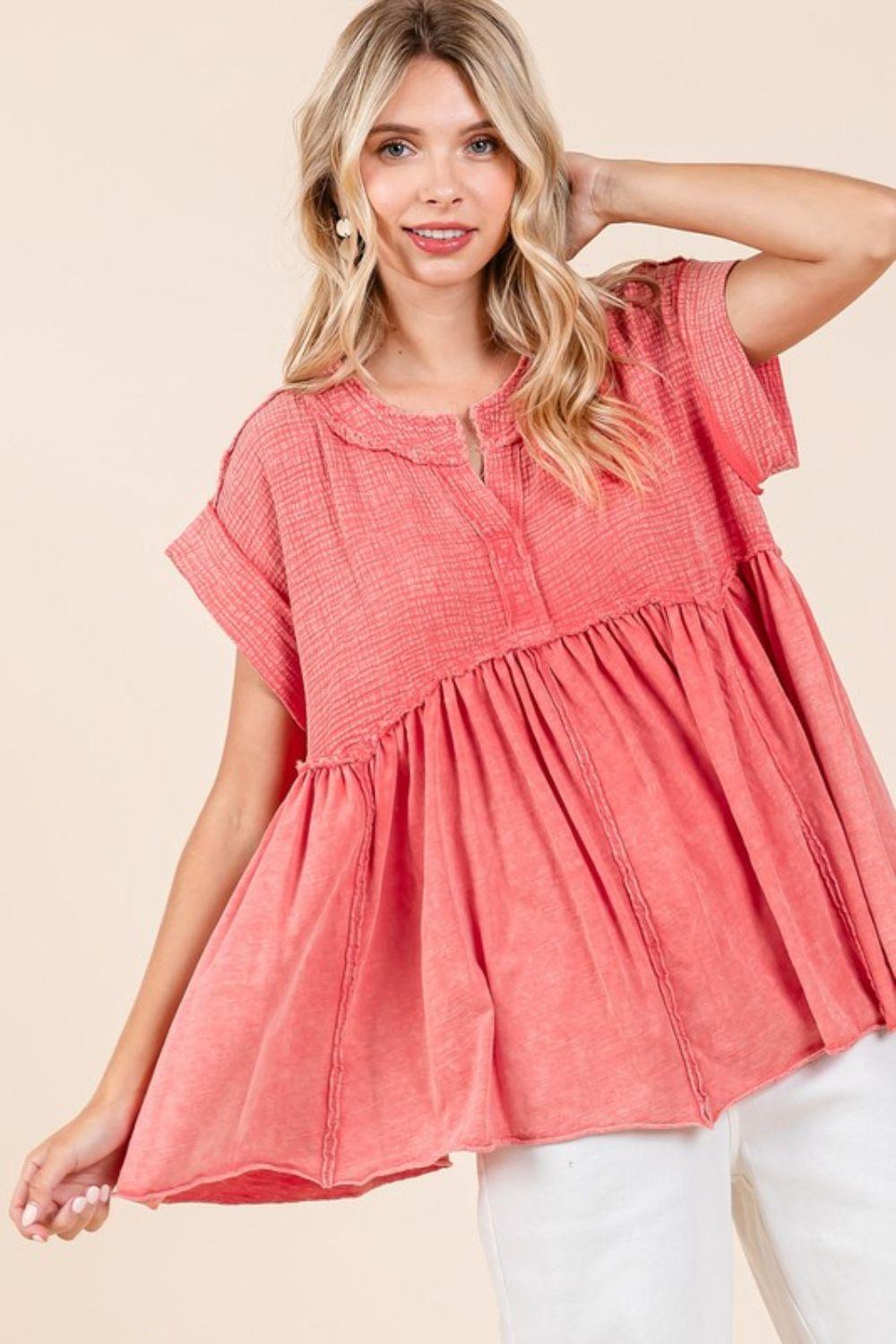 Mittoshop Mixed Media Mineral Wash Babydoll Short Sleeve Blouse - Clothes For Her Online Store