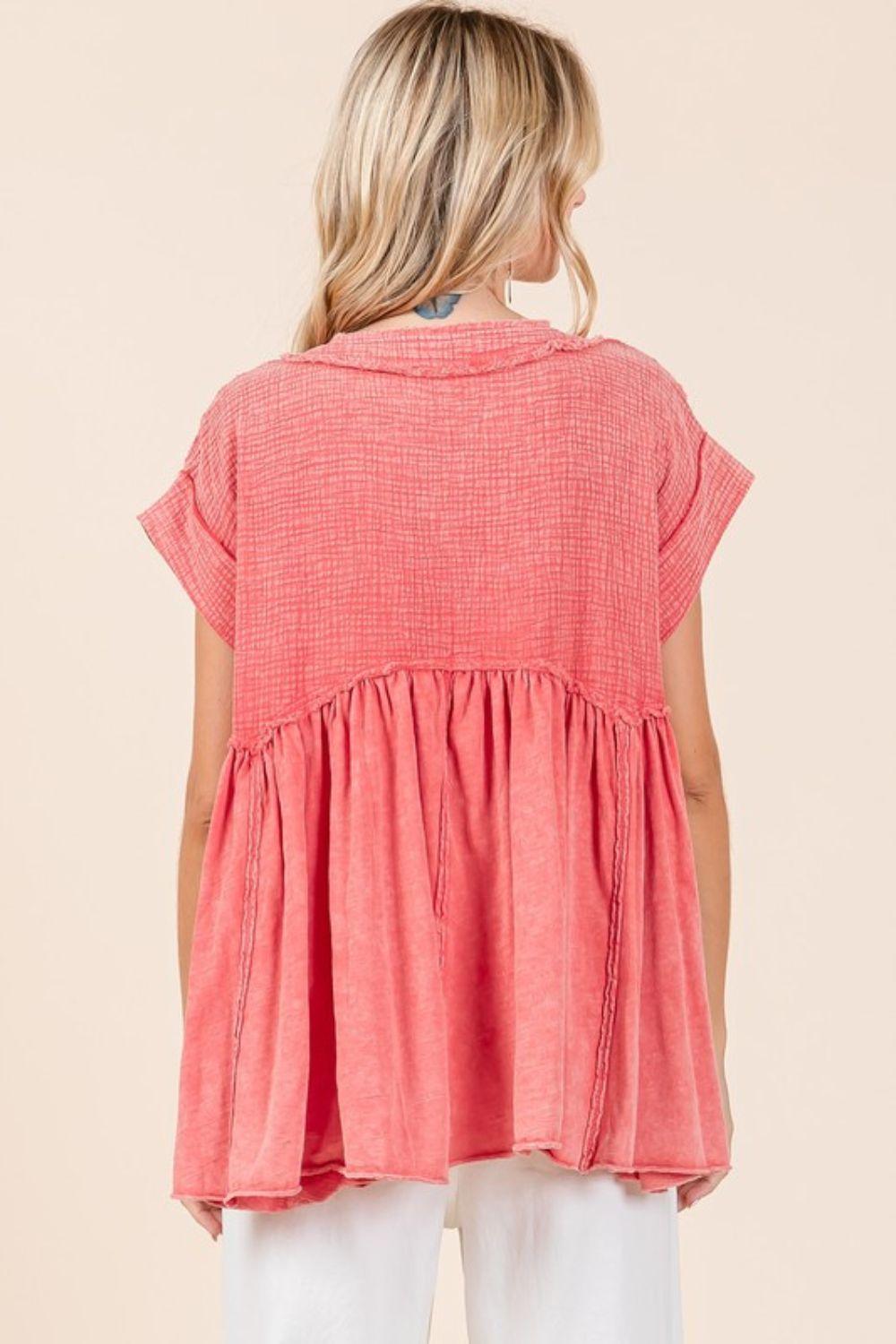 Mittoshop Mixed Media Mineral Wash Babydoll Short Sleeve Blouse - Clothes For Her Online Store