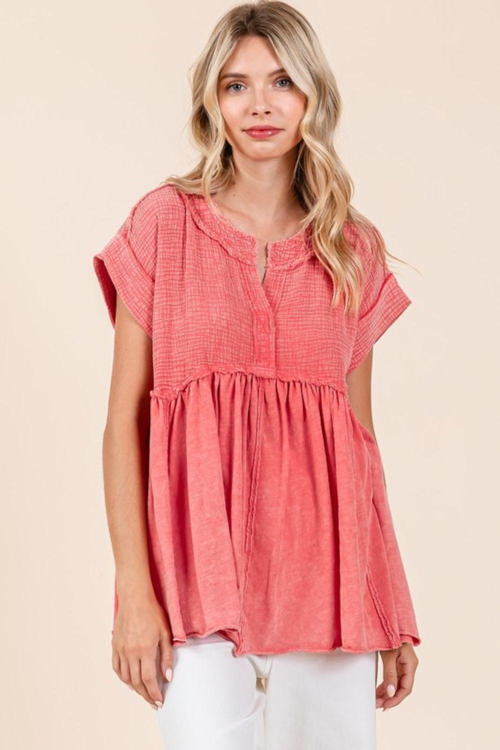 Mittoshop Mixed Media Mineral Wash Babydoll Short Sleeve Blouse - Clothes For Her Online Store