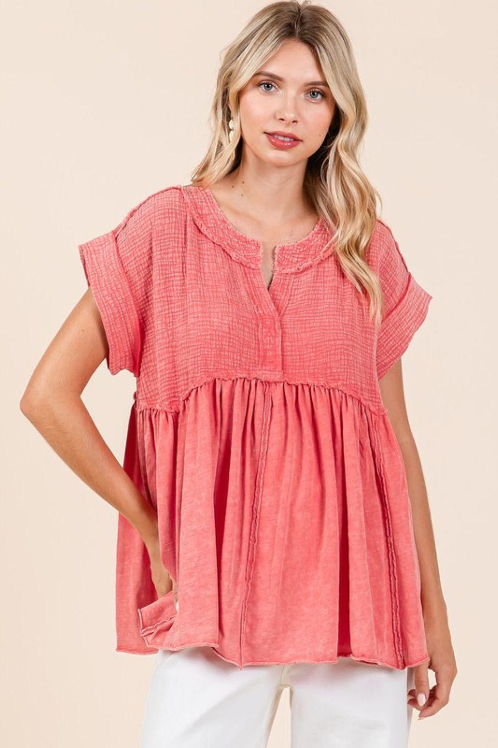 Mittoshop Mixed Media Mineral Wash Babydoll Short Sleeve Blouse - Clothes For Her Online Store