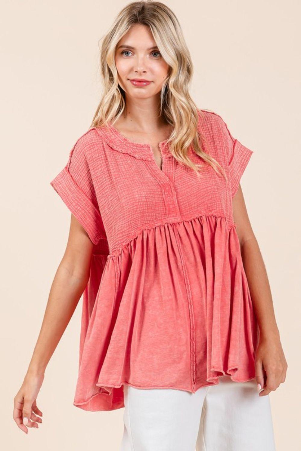 Mittoshop Mixed Media Mineral Wash Babydoll Short Sleeve Blouse - Clothes For Her Online Store