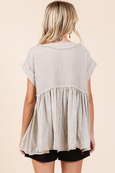 Mittoshop Mixed Media Mineral Wash Babydoll Short Sleeve Blouse - Clothes For Her Online Store