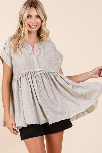 Mittoshop Mixed Media Mineral Wash Babydoll Short Sleeve Blouse - Clothes For Her Online Store