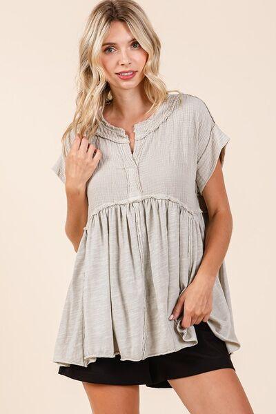 Mittoshop Mixed Media Mineral Wash Babydoll Short Sleeve Blouse - Clothes For Her Online Store