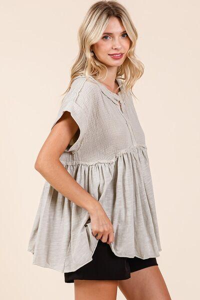 Mittoshop Mixed Media Mineral Wash Babydoll Short Sleeve Blouse - Clothes For Her Online Store