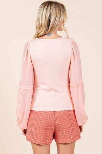Mittoshop Mixed Media Textured Knit Chiffon Long Sleeve Top - Clothes For Her Online Store