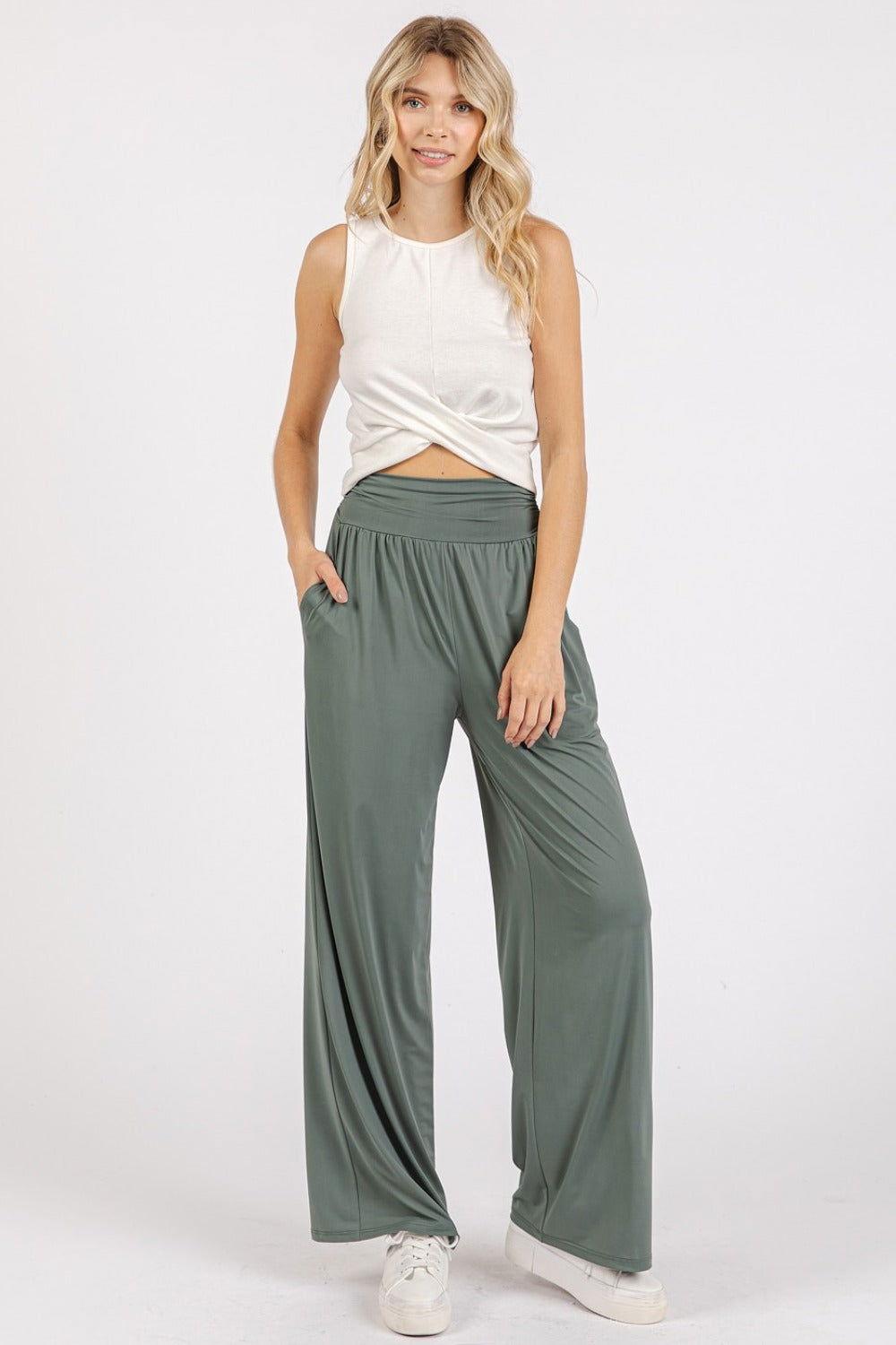 Mittoshop Stretch Banded Waist Wide Leg Pants with Pockets - Clothes For Her Online Store
