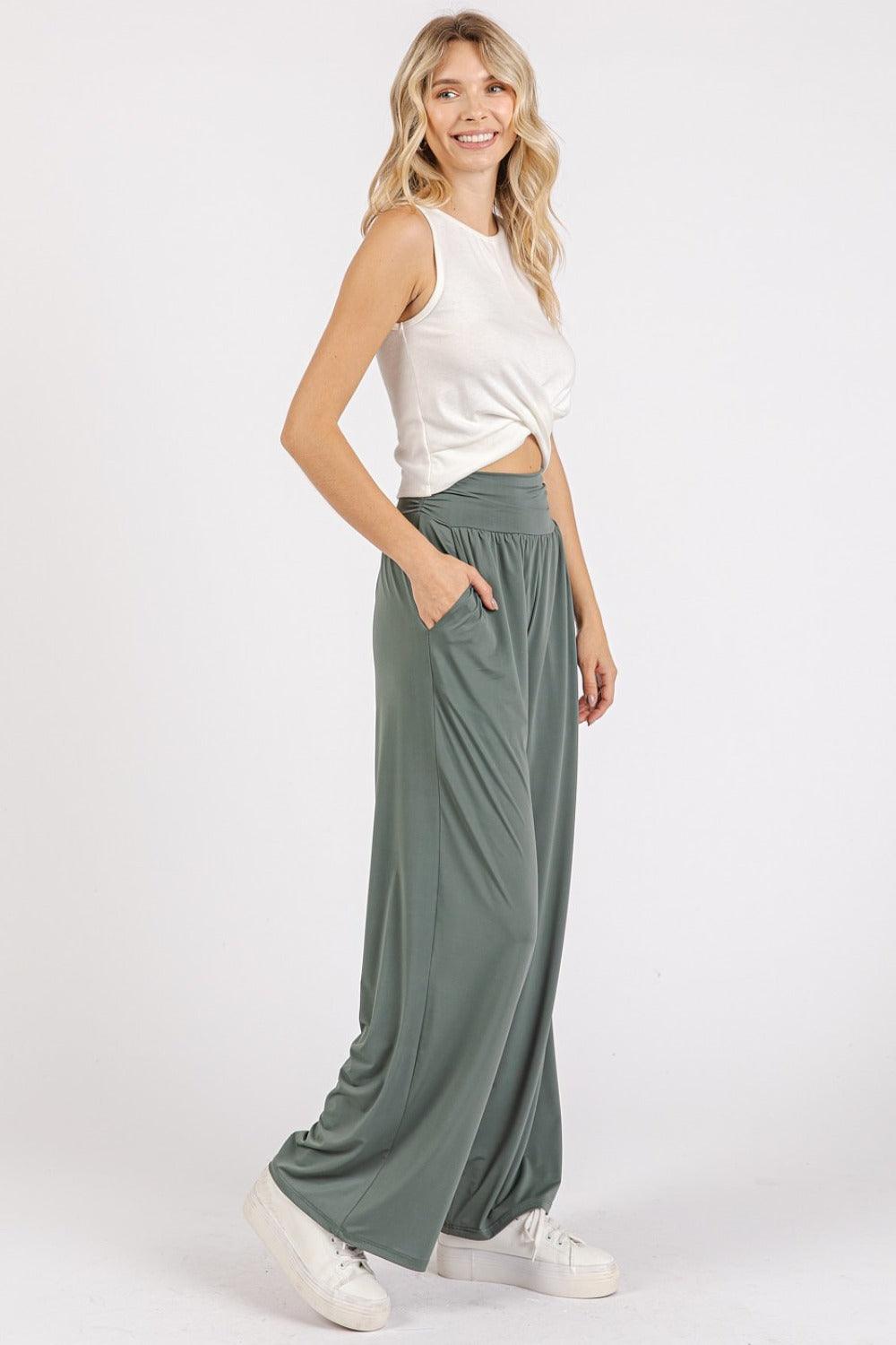 Mittoshop Stretch Banded Waist Wide Leg Pants with Pockets - Clothes For Her Online Store