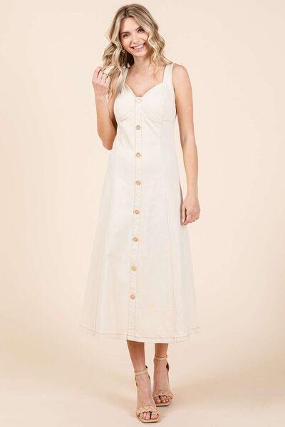 Mittoshop Stretch Twill Decor Button Sleeveless Midi Dress - Clothes For Her Online Store