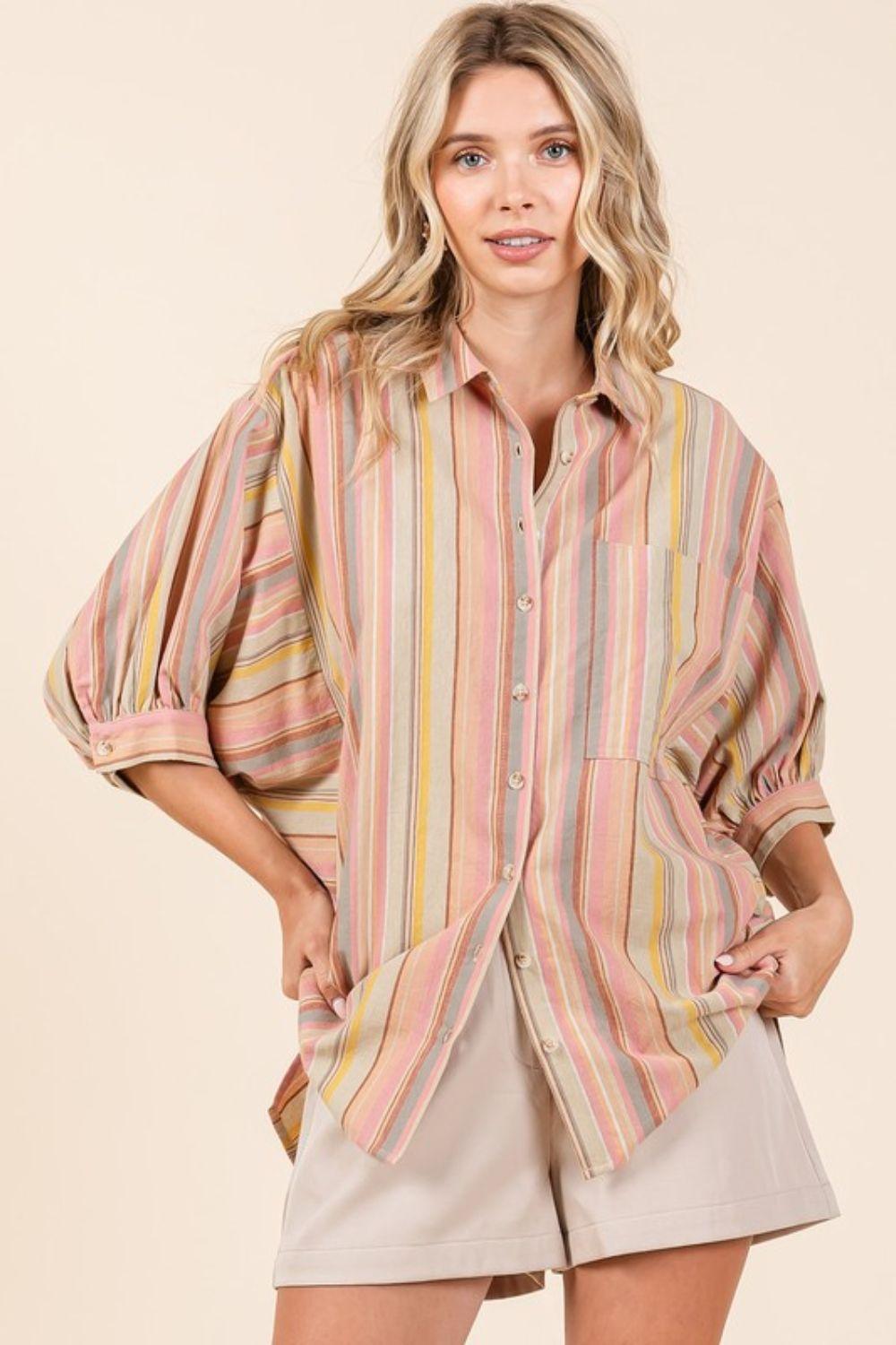 Mittoshop Striped Bubble Sleeve Button Down Shirt - Clothes For Her Online Store