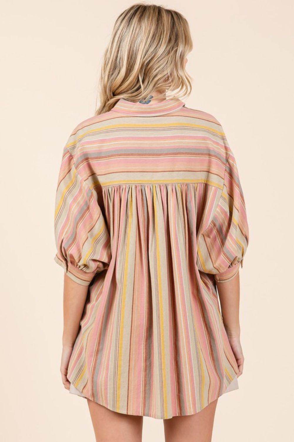 Mittoshop Striped Bubble Sleeve Button Down Shirt - Clothes For Her Online Store